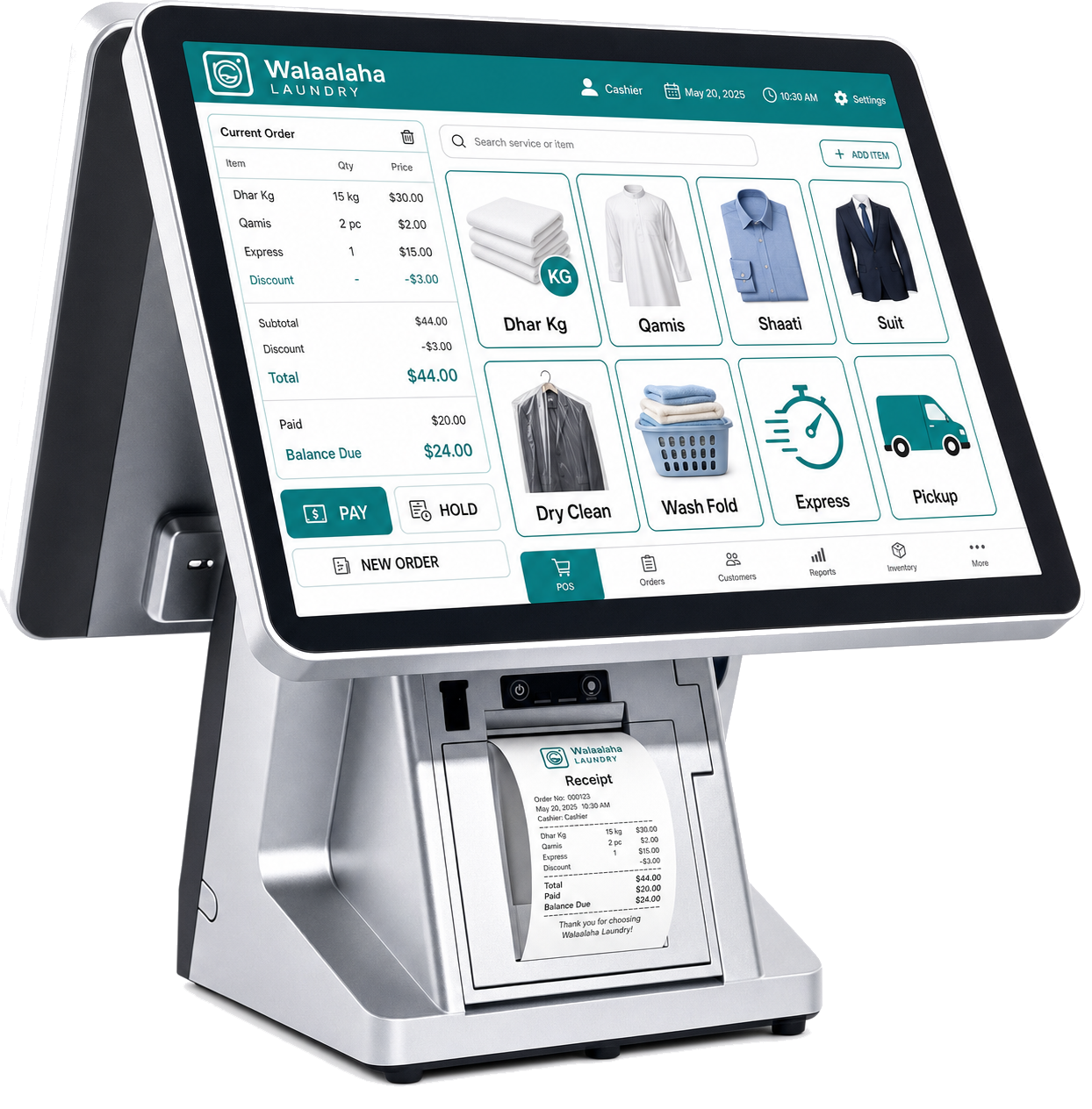 Walaalaha Laundry POS terminal showing laundry services, cart, payment and printed receipt